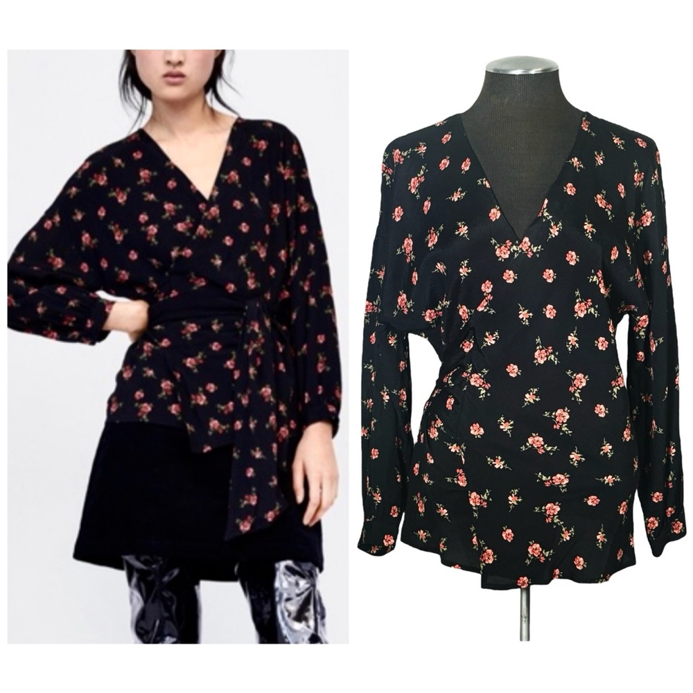Zara – Floral Long Sleeve Kimono Belt Wrap Top – Extra Small